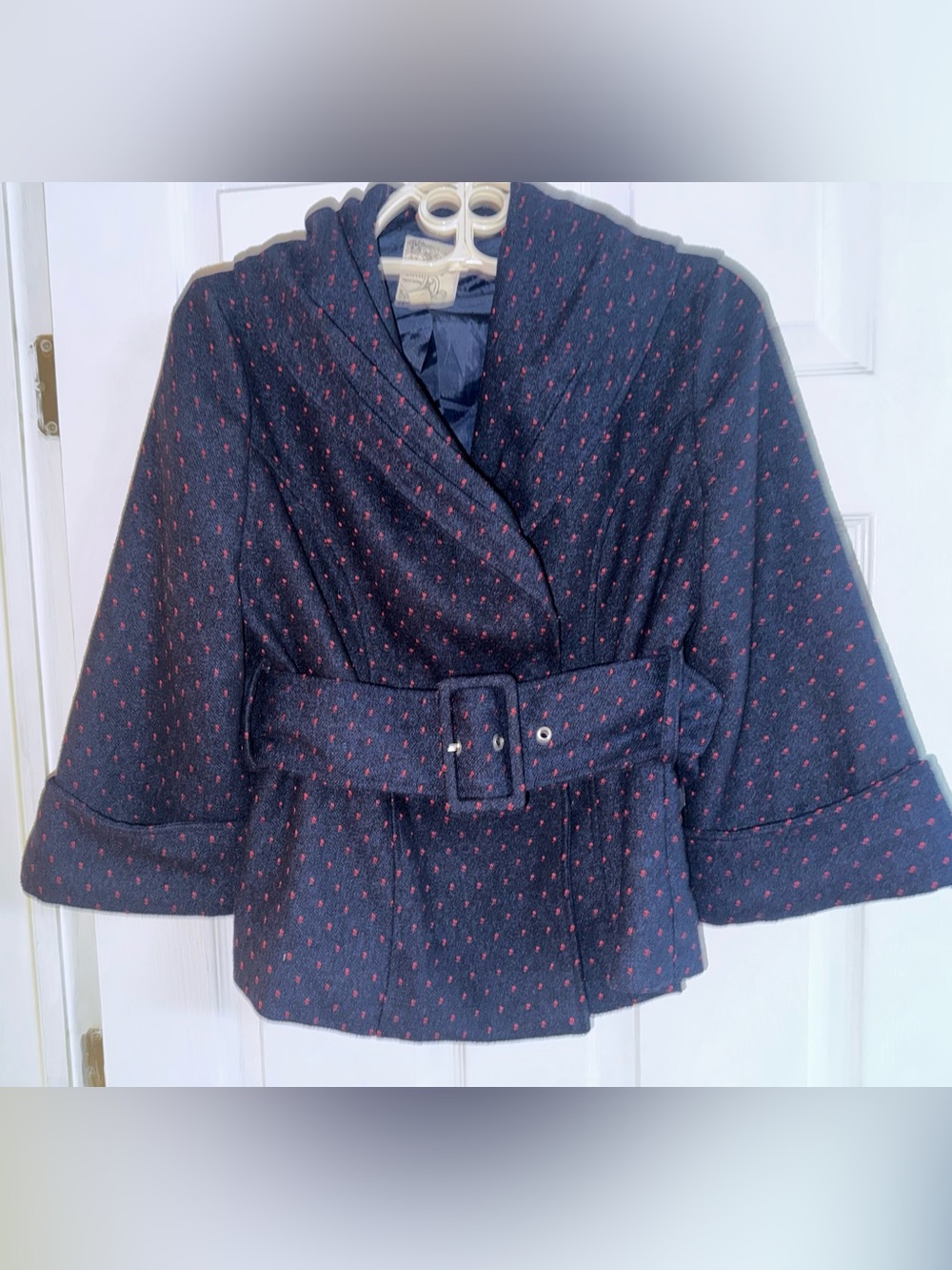 Tulle Navy Blue & Red Polka Dot Belted Wool Blend Peplum Coat